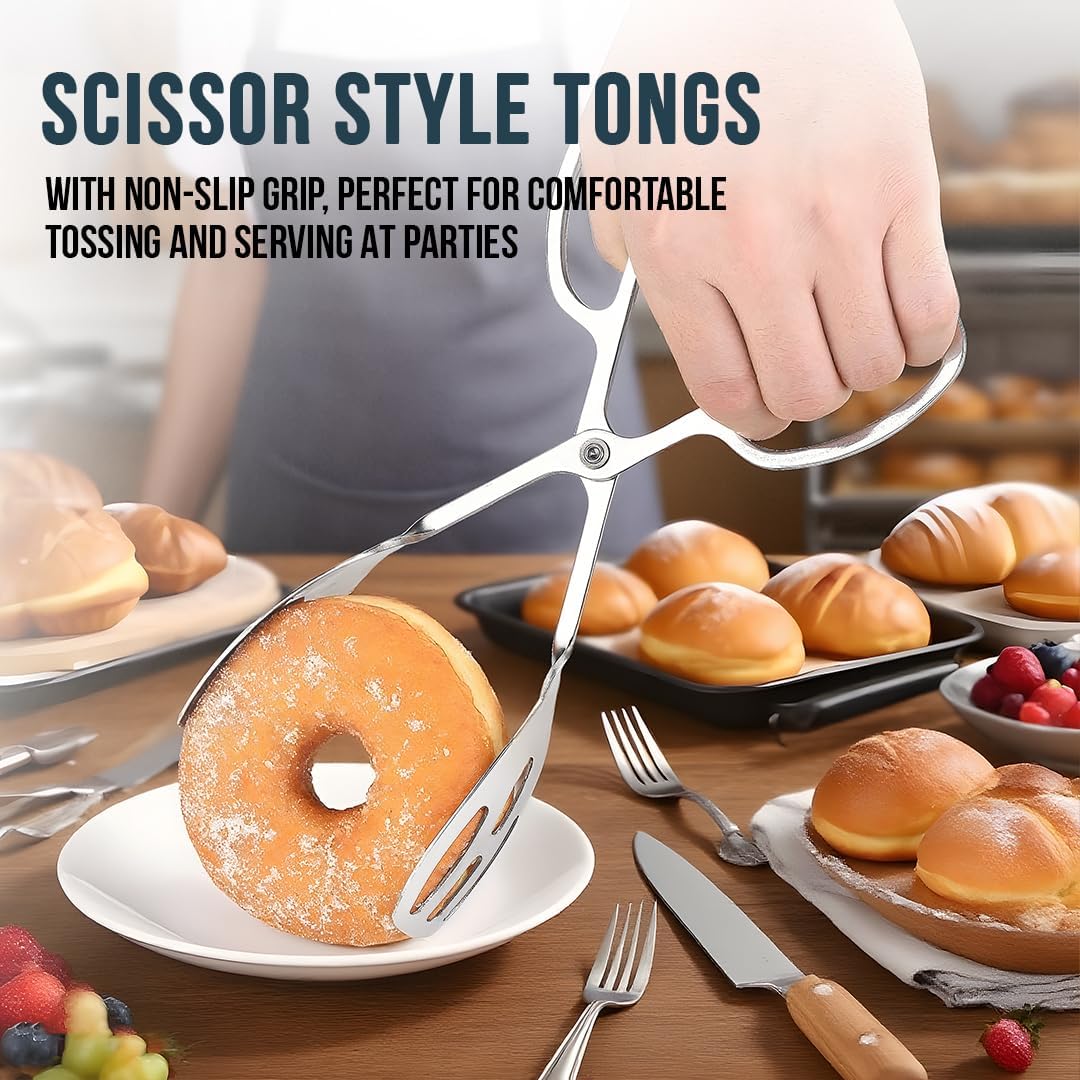 2-PACK Salad Tongs for Serving - Premium Stainless Steel Scissor-Style, Non-Toxic, Heat-Resistant Salad Servers, Dishwasher Safe, Ideal for Buffet and Party Use (Silver)