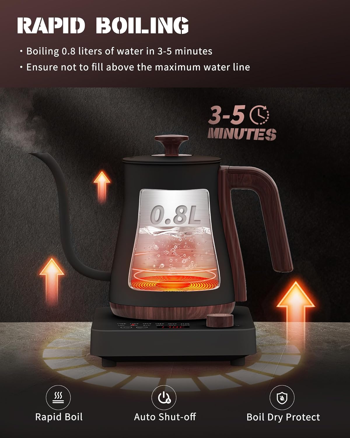 Electric Kettle, Electric Gooseneck Kettle with 6 Temperature Control Presets and LED Display, 0.8L/27.05oz, 0.8mm Ultra-Fine Spout, 304 Stainless Steel Inner, 1000W Gooseneck Kettle, Matte Black