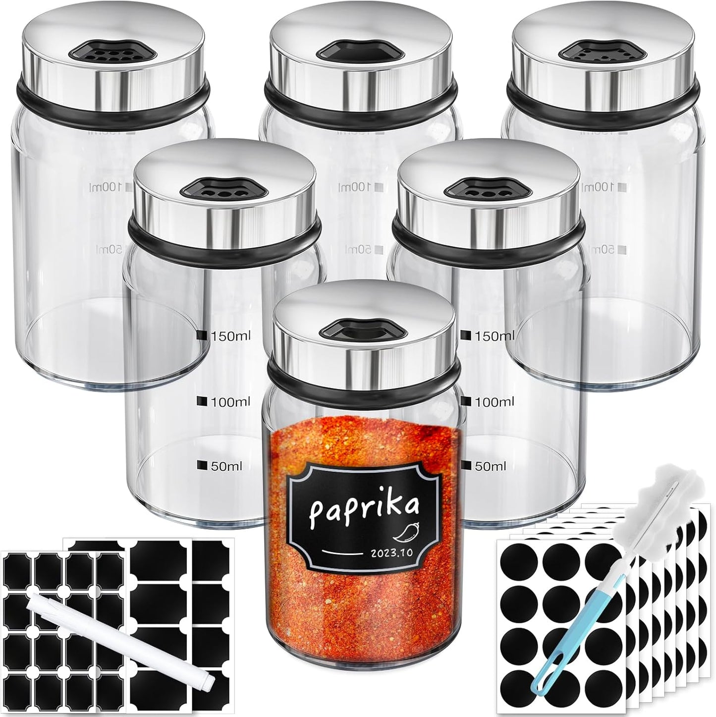 Segarty Spice Jars with Labels, 6 Pack 5oz Glass Spice Containers with Lids, Empty Clear Salt Shakers for Kitchen Condiment Storage, Spice Bottles Set with 136 Stickers, 1 Marker Pen and 1 Brush