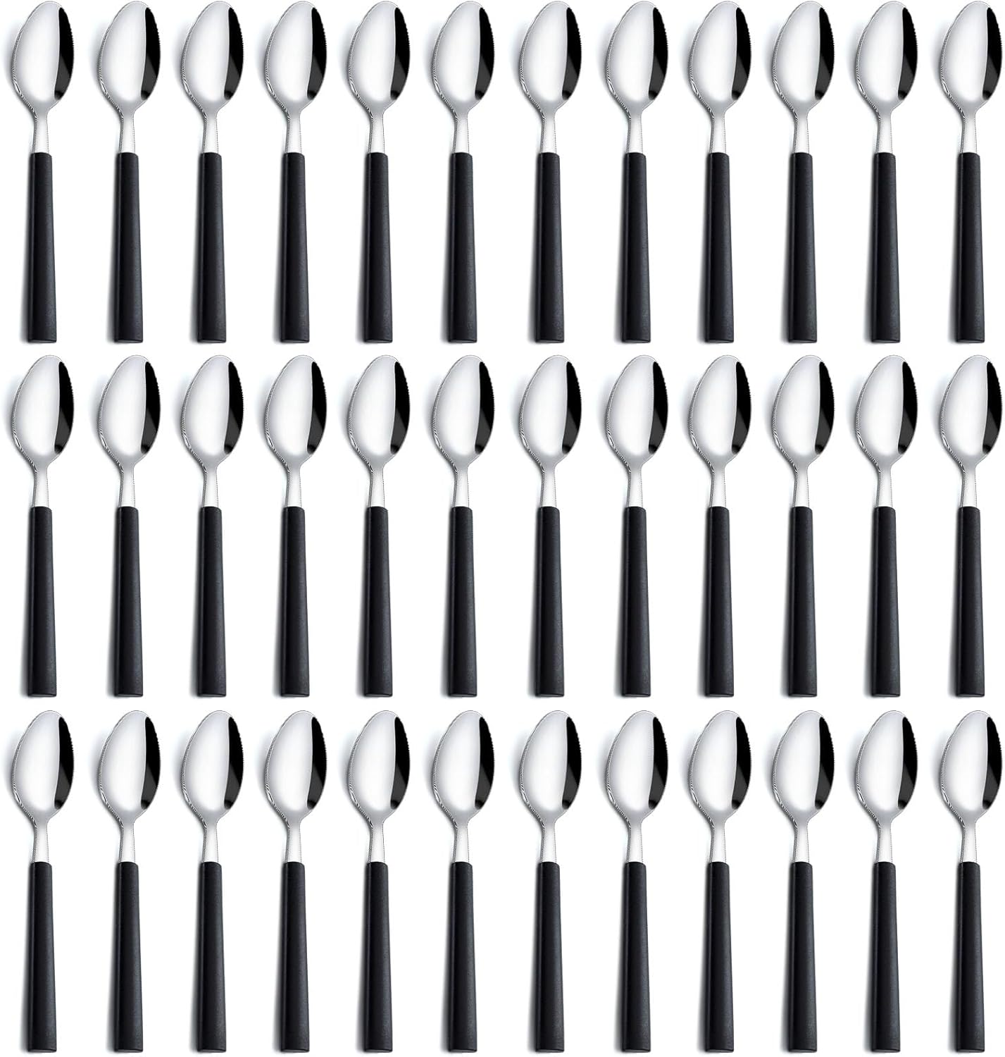 Pleafind 36Pcs Dessert Spoons Set (7.4 inches), Stainless Steel Mirror Polished Spoon with Black Frosted Handle, Spoons Silverware for Home, Kitchen, Restaurant, Dishwasher Safe