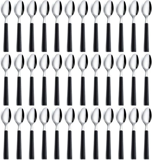 Pleafind 36Pcs Dessert Spoons Set (7.4 inches), Stainless Steel Mirror Polished Spoon with Black Frosted Handle, Spoons Silverware for Home, Kitchen, Restaurant, Dishwasher Safe