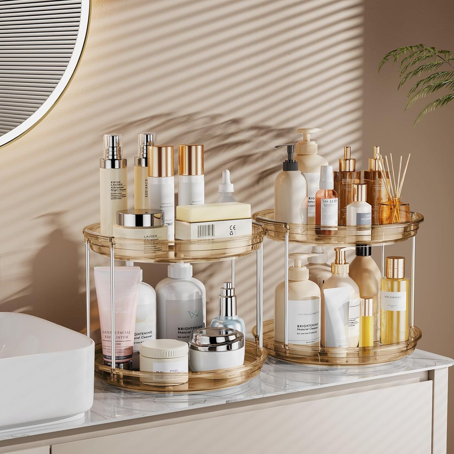 LAMU 2 Pack 2 Tier Lazy Susan Turntable Organizer 9.25'' Rotating Spice Rack Organization for Cabinet, Kitchen, Pantry, Countertop, Bathroom, Vanity, Medicine Cabinet Organizer, Amber