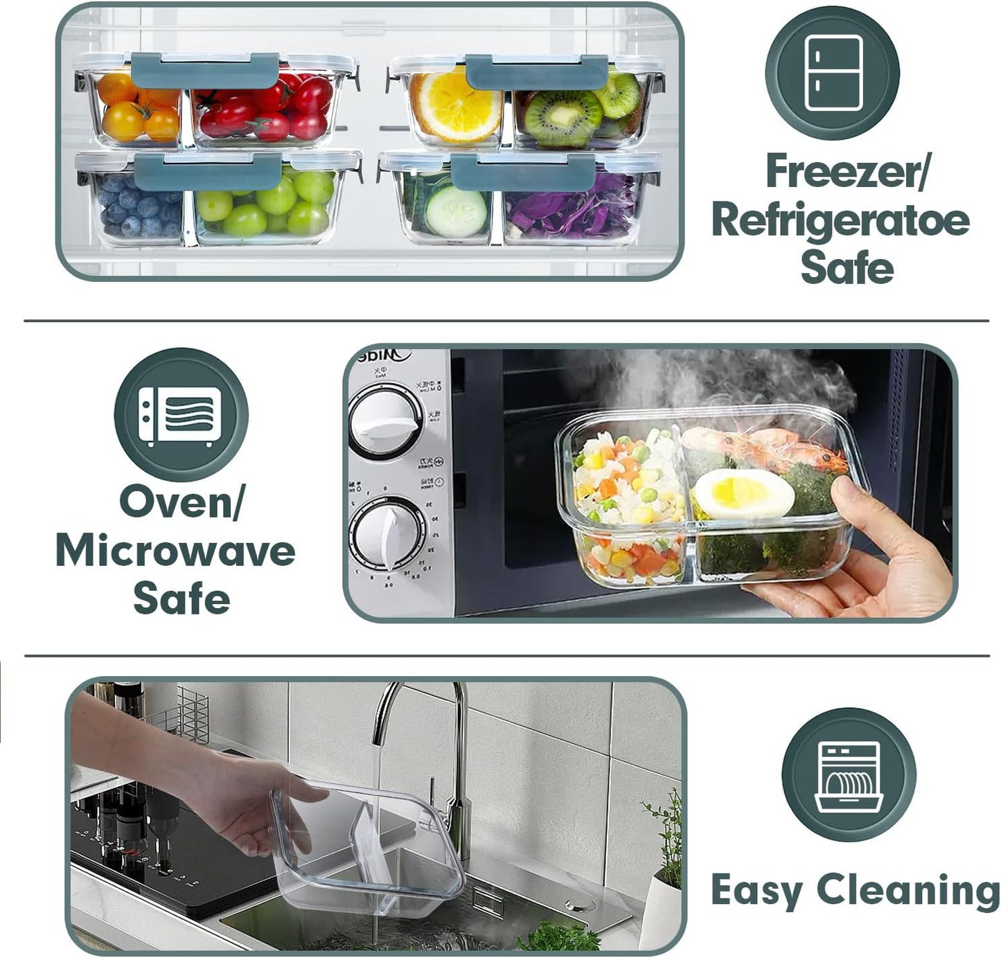 VERONES 10 Pack Glass Meal Prep Containers 2 Compartment Set, 30 OZ Airtight Glass Lunch Containers, Glass Food Storage Containers with Lids, for Microwave, Oven, Freezer & Dishwasher Friendly，Grey