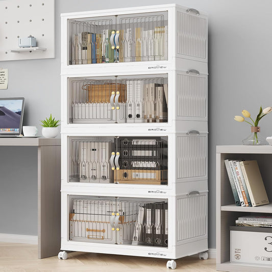 240Qt Stackable Storage Bins with Lid, Extra Large Closet Organizer Collapsible Drawer Boxes with Wheels, Folding Plastic Cabinet Containers for Home Kitchen Room Organization, 4Pack White