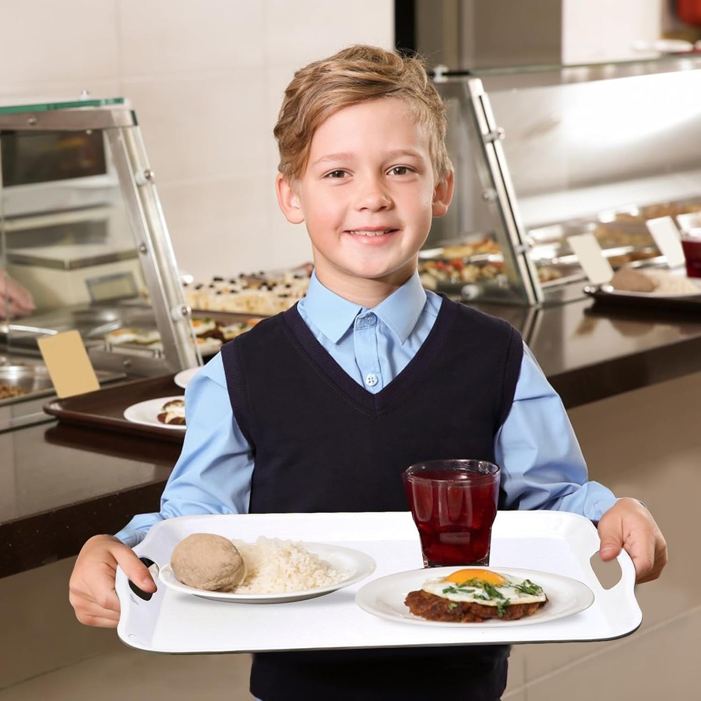 Blue Boat 16.5" x 11.5" Serving Trays Set of 4 White, Dinner Tray, Light Weight Easy to Clean Sturdy Stackable Melamine Serving Tray with Handle, Fruit, Snacks, and Desserts Trays