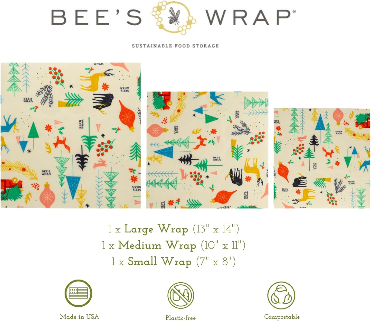 Bee's Wrap Beeswax Wraps for Food - Winter Wonderland 3 Pack (S, M, L) Made in USA Reusable & Organic Food Wraps, Sandwich Wrap & Bowl Covers - Eco-Friendly Alternative to Aluminum Foil & Plastic Wrap