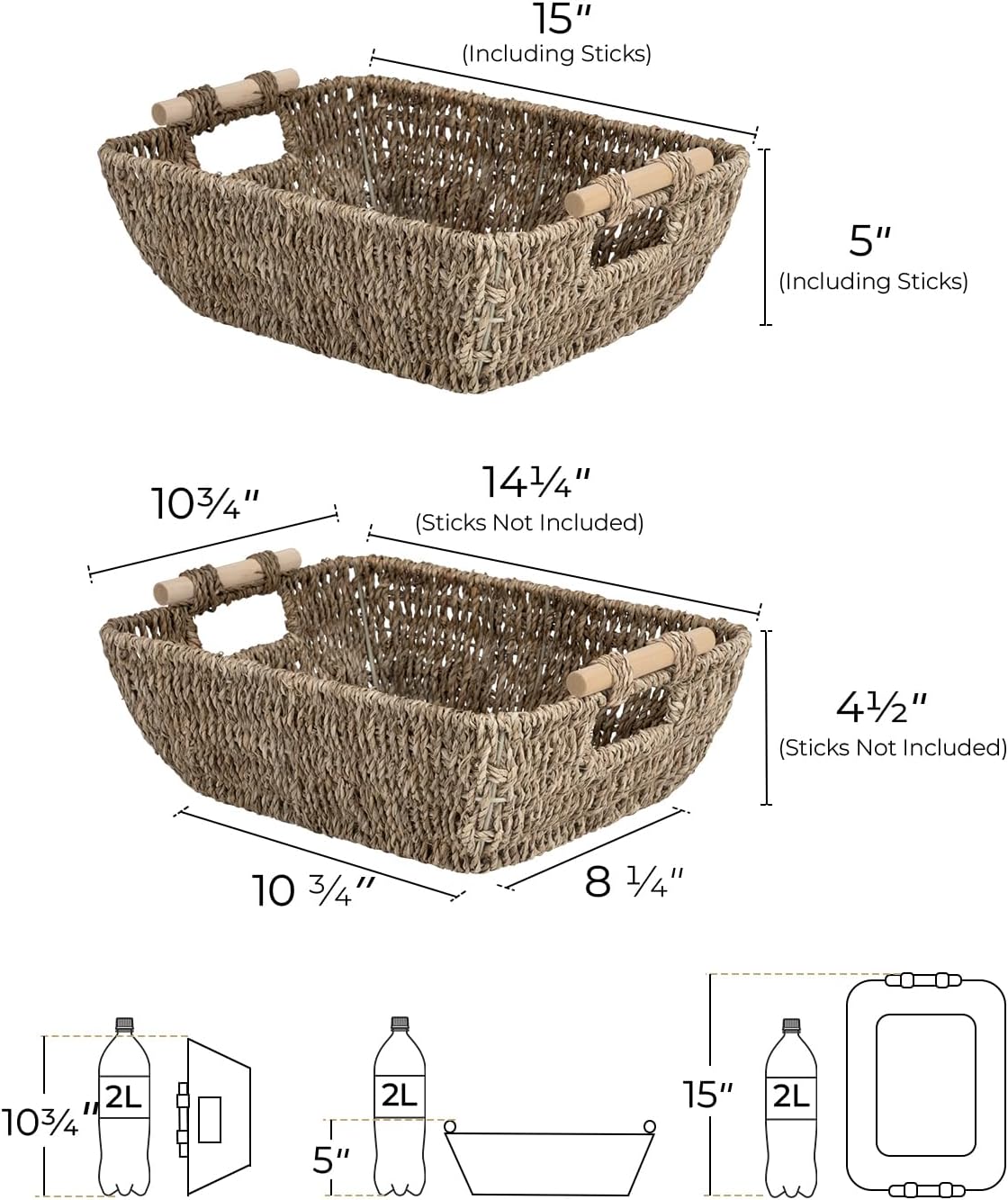 StorageWorks Hand-Woven Large Storage Baskets with Wooden Handles, Seagrass Wicker Baskets for Organizing, 2-Pack