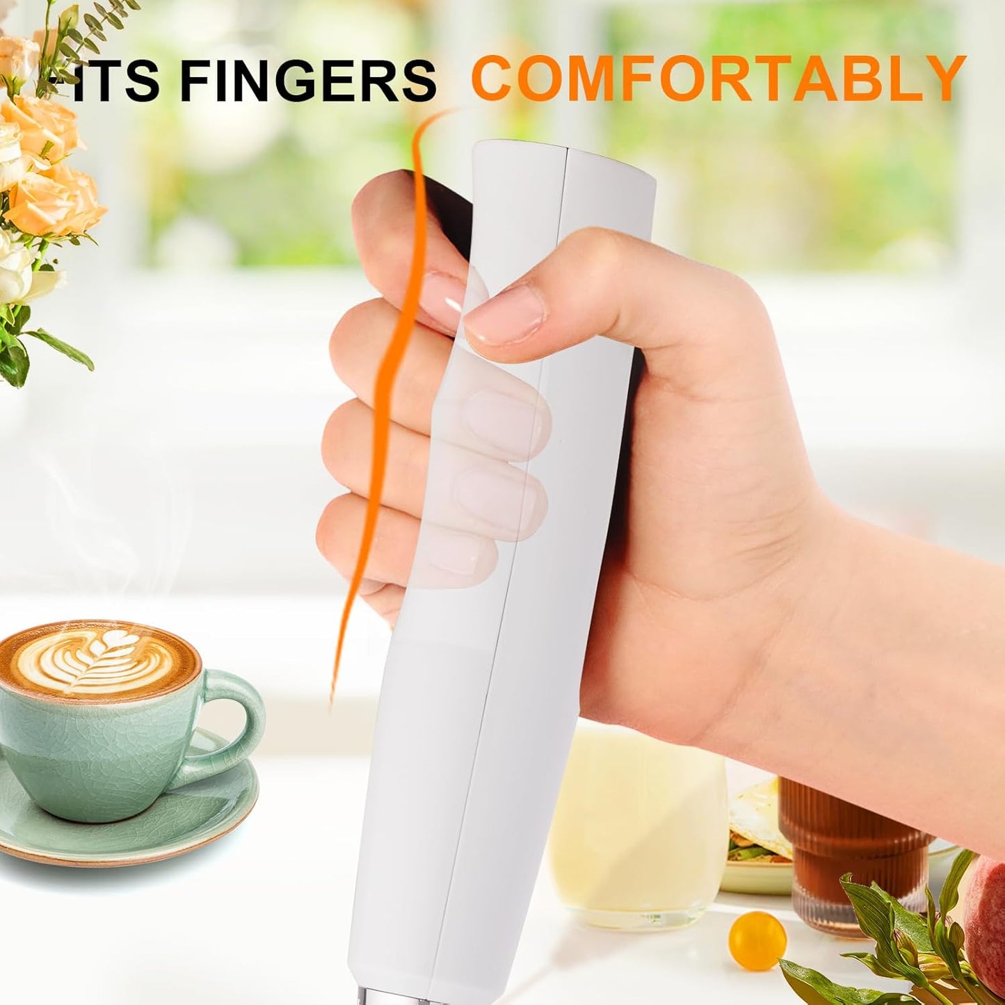 YUSWKO White Handheld Milk Frother Wand for Coffee, Rechargeable Electric Whisk with 3 Heads 3 Speeds Drink Mixer Coffee Frother For Latte, Cappuccino, Hot Chocolate, Egg