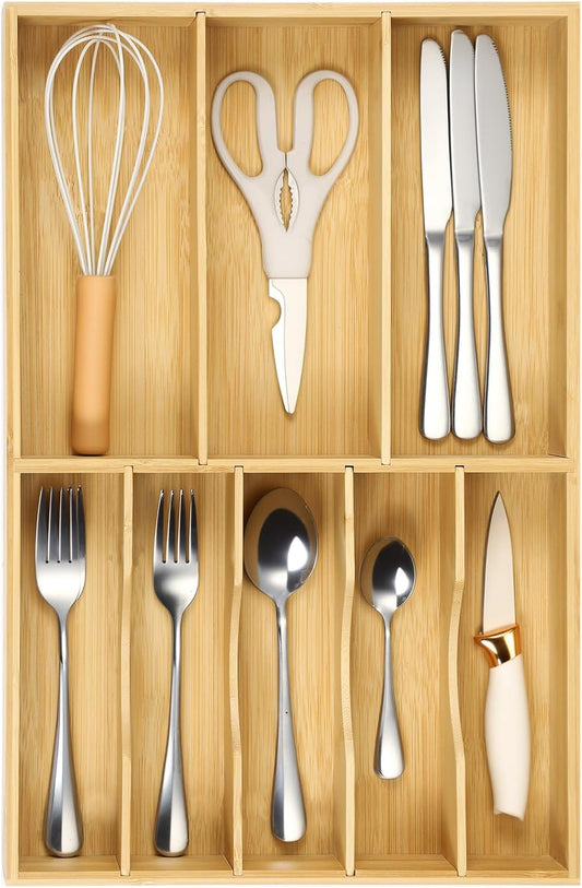 Fabsome Silverware Organizer for Kitchen Drawers, 2.5'' Deep 12.8'' Wide Bamboo Wood Flatware Tray with Deep Slots for Large Cutlery Utensil Drawer