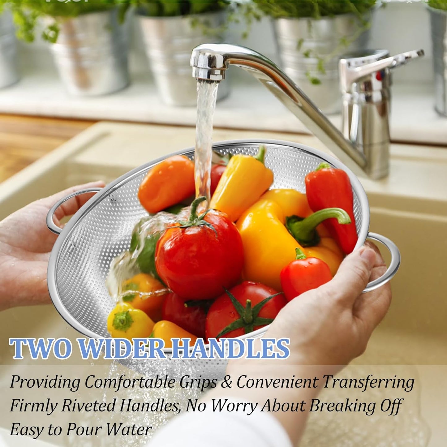 TeamFar Colander Set of 3, Stainless Steel Perforated Metal Colander Strainer with Handles for Spaghetti, Pasta, Berry, Rust Free & Dishwasher Safe - 1/3/5-quart