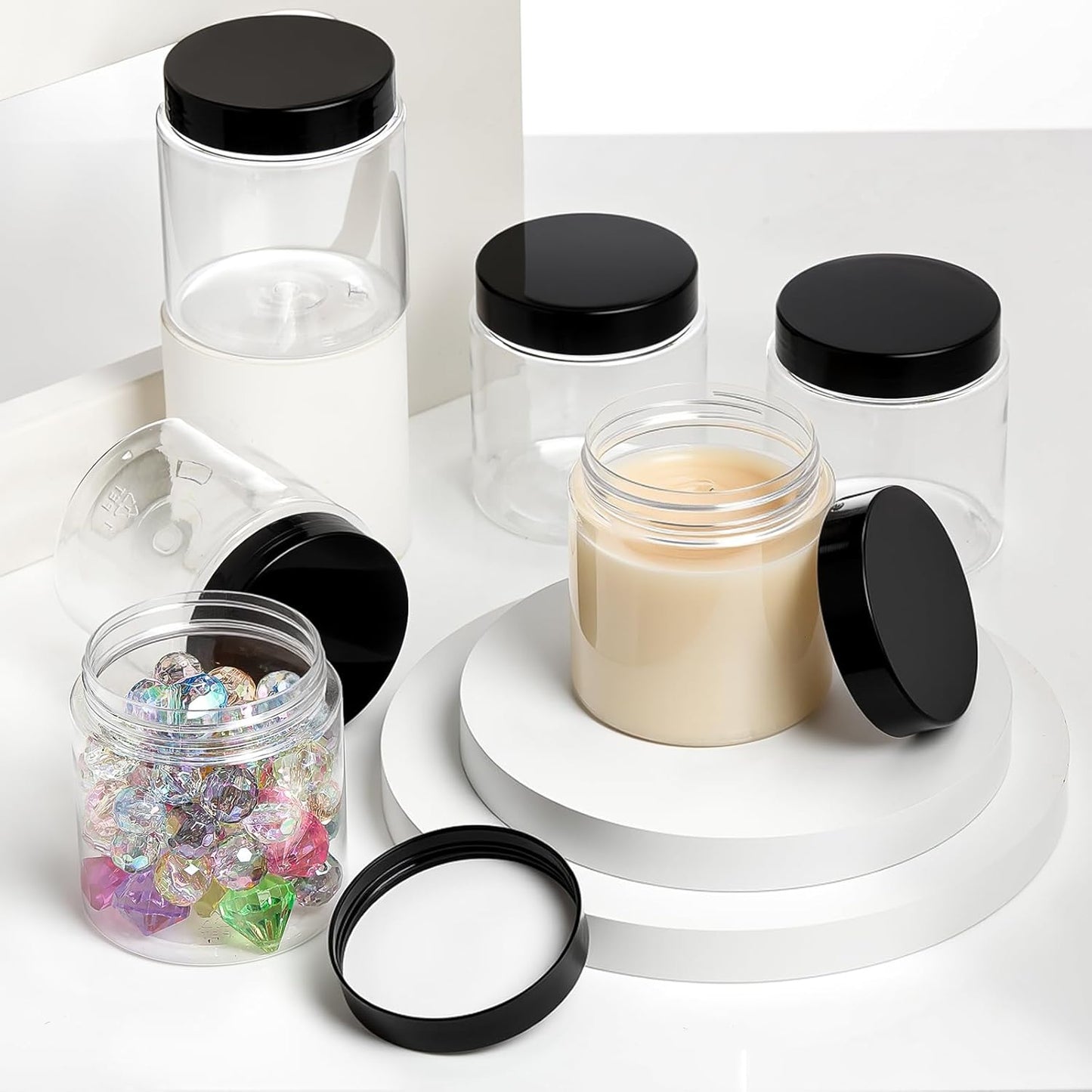 SATINIOR 6 Pack 16 oz Plastic Jars Containers with Lids Wide-mouth Refillable Leakproof Reusable Round Empty Jars for Travel Cosmetic Dry Food Spice Cookie Candy Home Kitchen Organizing(Black)