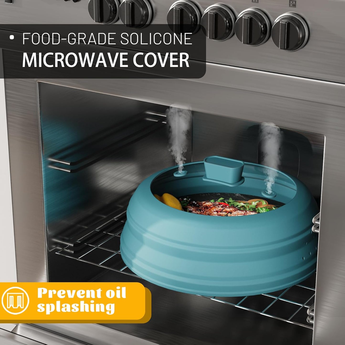 Microwave Splatter Cover, Vented Silicone and Glass Cover Splatter Guard Lid, Food Collapsible Plate Cover Lid with Easy Grip Handle. (Blue, 11.8 inch)