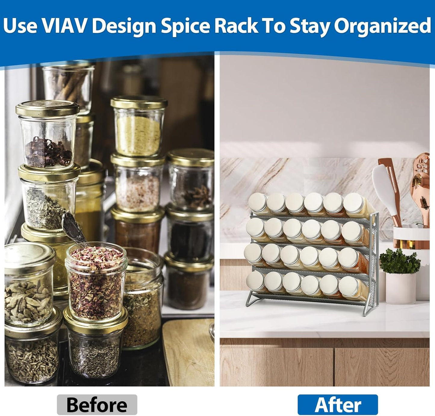 2PCS 4Tier Spice Rack for Counter Free Standing,Spice Rack for Inside Cupboard Hanging Wall Mounted Spice Seasoning Organiser Spice Jars Bottle Organizer for Kitchen Pantry（Silver）