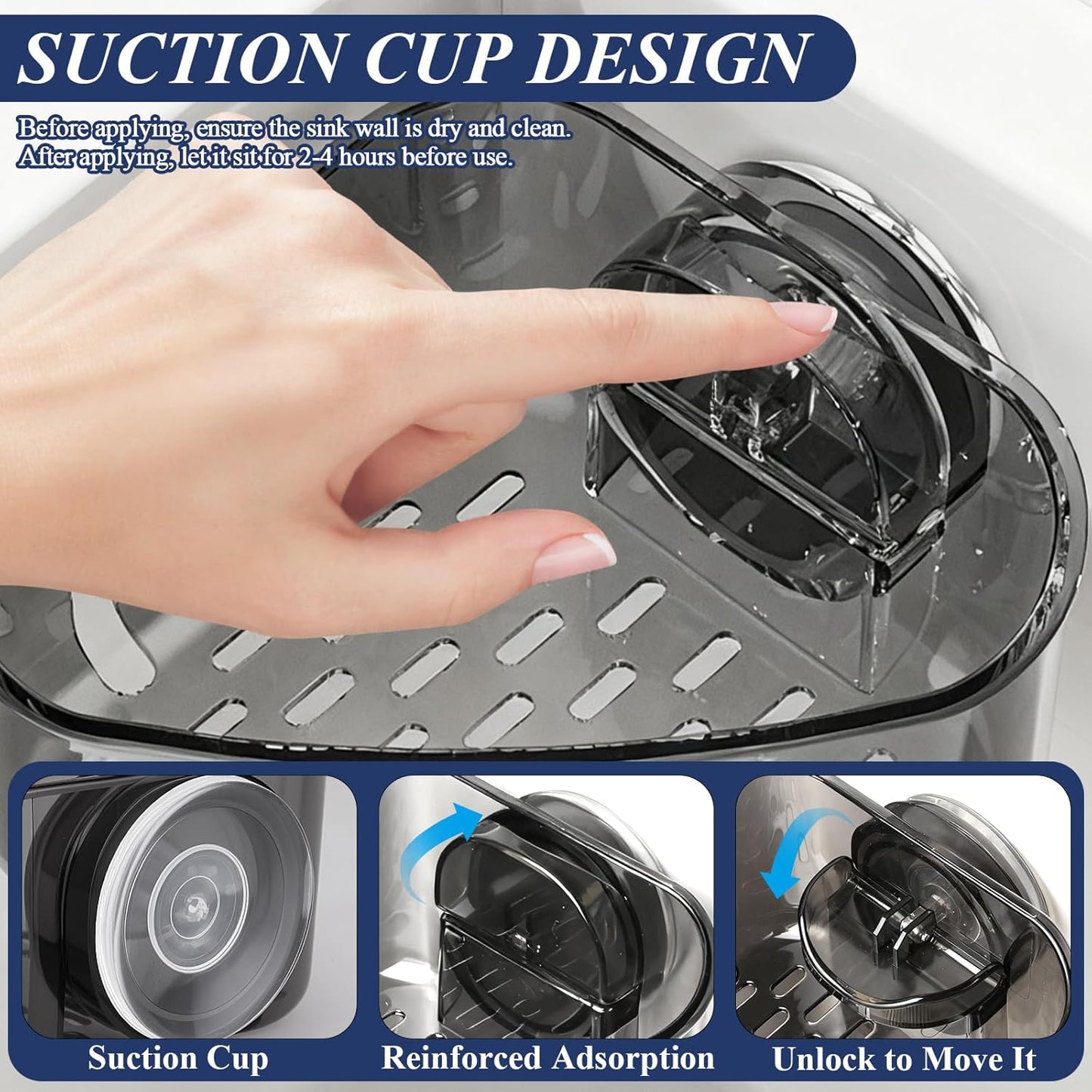 Sink Strainer Basket, Triangle Suction Cup Sink Corner Rack, New Upgraded Corner Sink Strainer with Drainage Hole, Punch-Free Corner Sink Trash Catcher for Kitchen and Bathroom (Black)