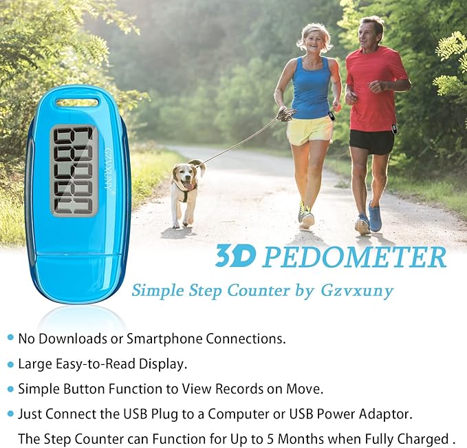 3D Pedometer Clip On, Simple Walking Step Counter with Backlight, USB Rechargeable Accurate Step Counter, Daily Target Monitor, Exercise Time (Blue)