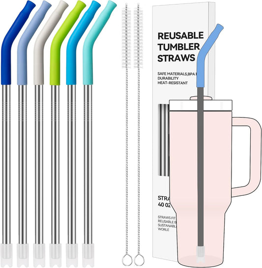 40 oz Straight Metal Straws for 40 oz Stanley Tumbler, 6Pcs Stainless Steel Reusable Drinking Metal Straw with Colourful Silicone Tips,Straw for Glass Cups, BPA FREE