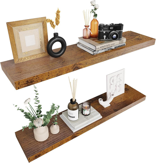 Colima Floating Shelves for Bedroom, Bathroom & Living Room - 36 Inch Wall Mounted, Set of 2-1.3" Thick Brown Wood Floating Book Shelves
