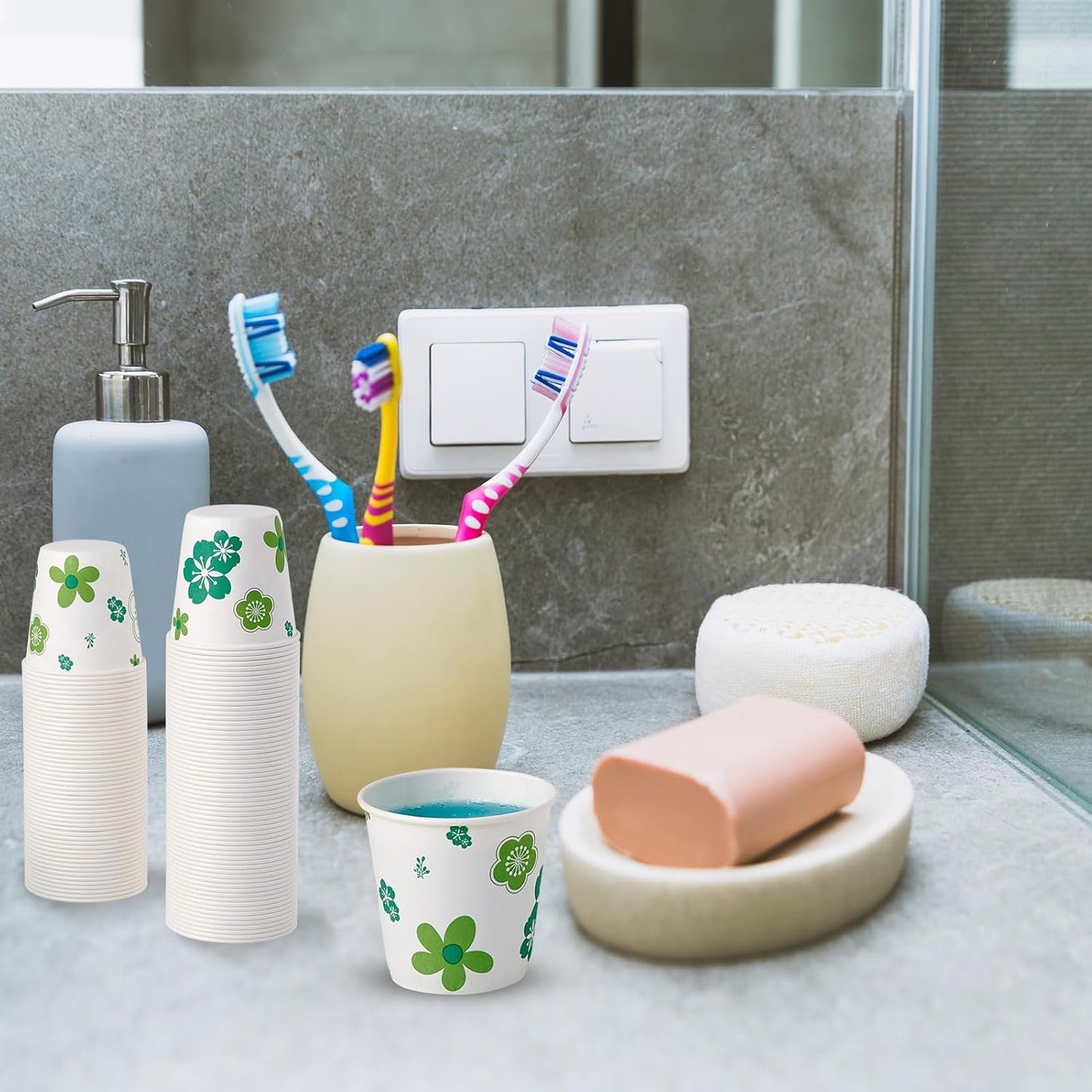 [600 Pack] Paper Cups, 3oz Disposable Bathroom Cups, Mouthwash Cups, Cold Disposable Drinking Cup for Party, Picnic, BBQ, Travel, and Event, Green Floral