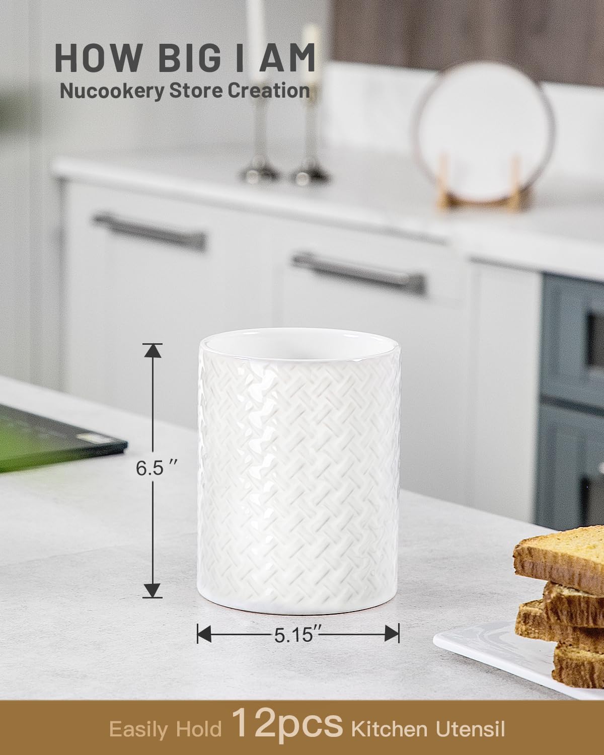 Nucookery 6.4'' Utensil Holder - Ceramic Utensil Holder for Kitchen Counter, Large Capacity Countertop Storage, Farmhouse Style Utensil Crock Organizer for Spoons, Spatulas & Cooking Tools