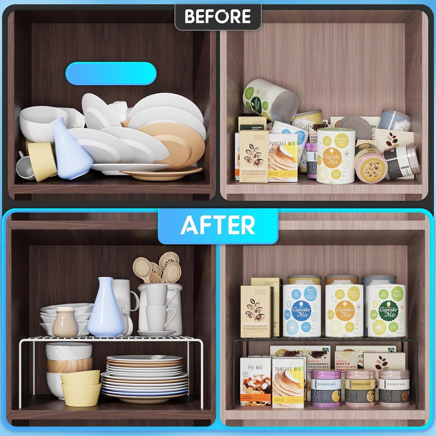 Medium(13 x 9.4 inch)White Cabinet Storage Shelf Rack Set of 4, Rustproof Metal Wire Kitchen Counter Organizers and Storage, Spice Organization for Cabinet, Plate, Dish, Pantry, Bathroom, Fridge