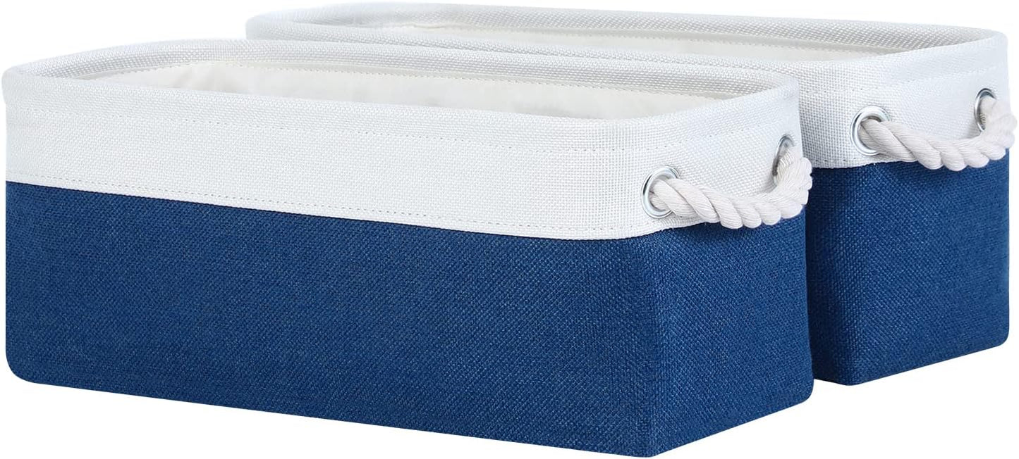 DULLEMELO Toilet Paper Storage Basket, Toilet Paper Basket for Back of Toilet, Bathroom Storage Basket for Cosmetics Towels Toilet Paper, Toilet Tank Basket with Rope Handles for Toilet(White&Blue)