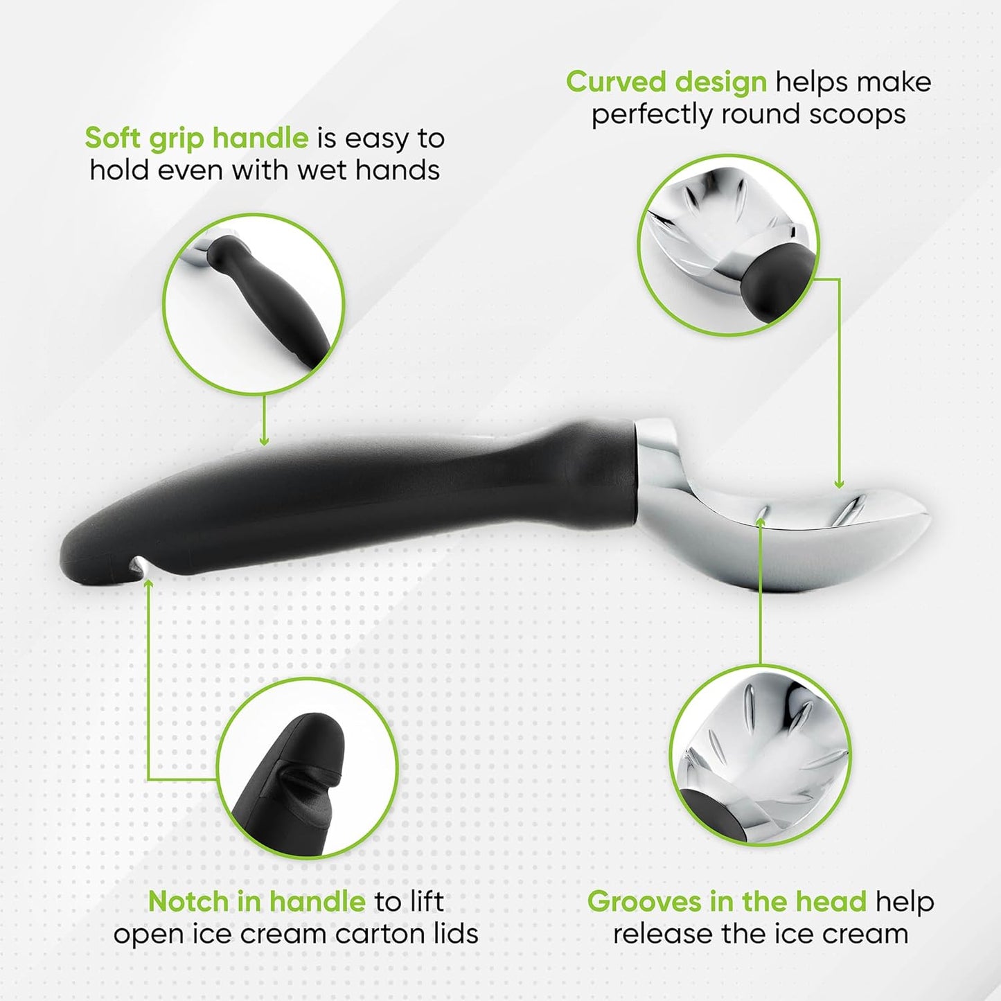 Spring Chef Heavy Duty Ice Cream Scoop with Comfortable Handle - Professional Ice Cream Scooper for Gelato, Sorbet, Cookie Dough, Melon, Frozen Yogurt - Dishwasher Safe Metal Kitchen Tool - Black