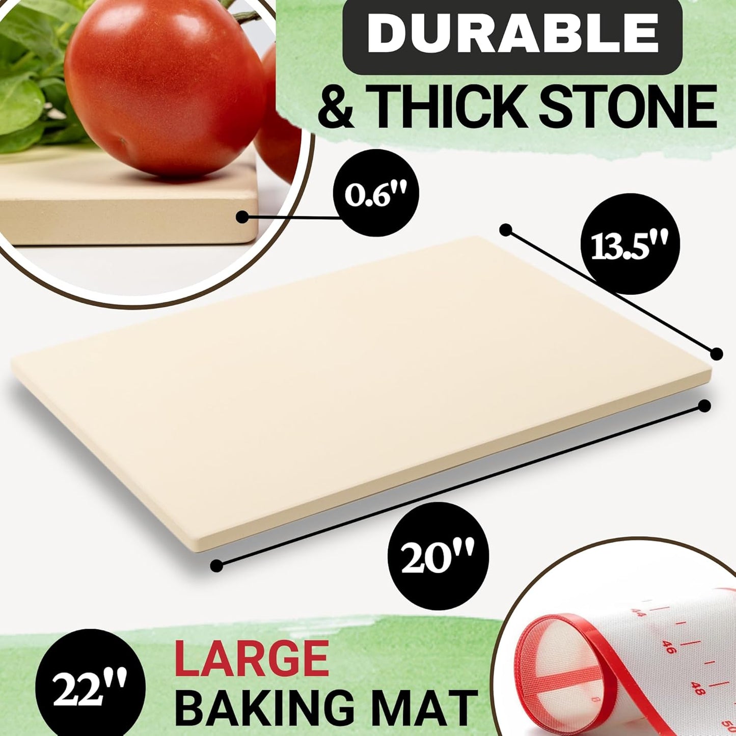 Large 20 inch Baking Stone for Oven, with Silicone Mat and Dough Tool - Pizza Stone for Grill - Rectangular Pizza Oven Stone - Bread Baking Stone - Thick Heavy Duty Stone 20" x 13.5" x 0.6"