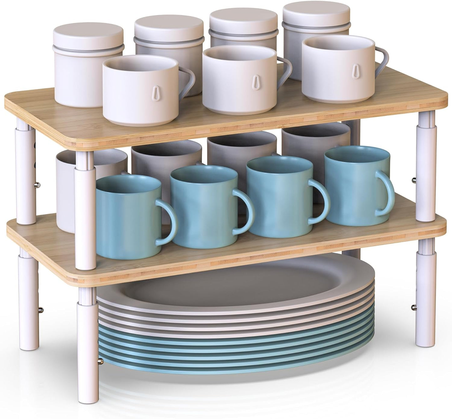 Cabinet Organizer Shelf, Spice Rack Set of 2 Kitchen Pantry Cupboard Shelves, Stackable, Height Adjustable, Natural Bamboo (15.6" Wx77.Dx6.57 H per Pack)