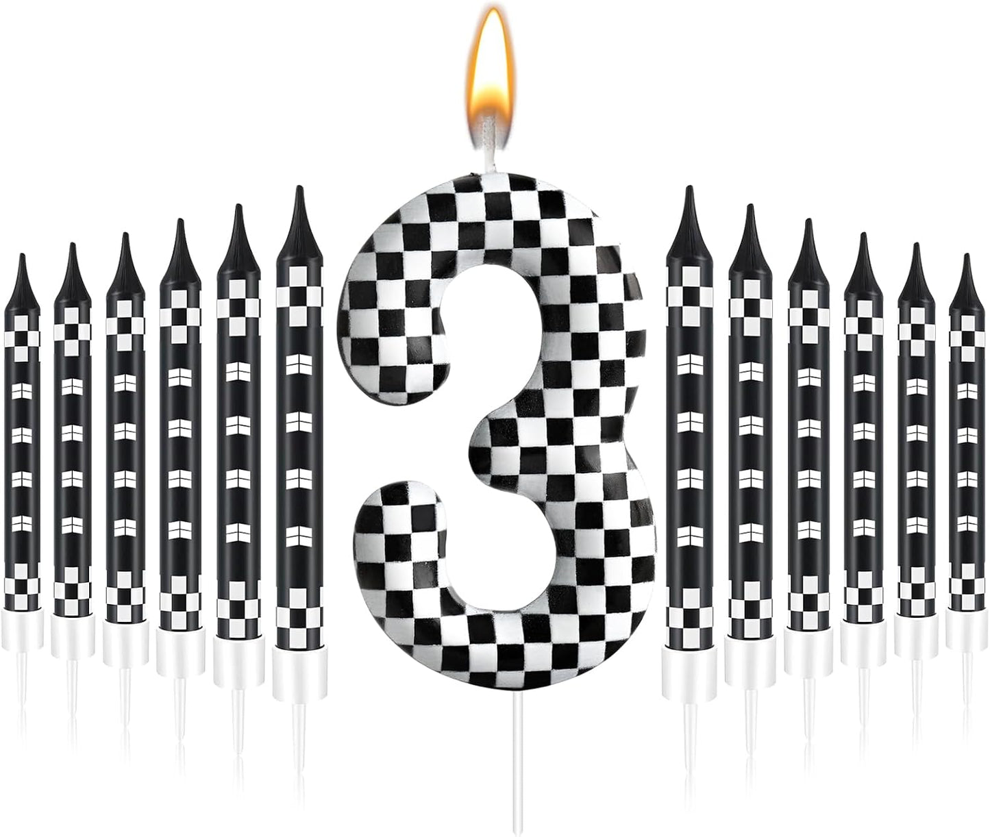 13 Pcs Racing Cars Themed Birthday Candles Black and White Race Number 3 Checkered Candle Cake Topper for Racing Car Party Decoration Supplies (Number 3)