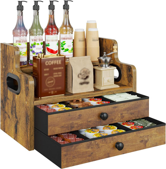 Wood Coffee Syrup Rack Organizer, 4 Tier Coffee Station Organizer with Drawers, Liquor Bottle Display Shelf for Coffee Bar Countertop