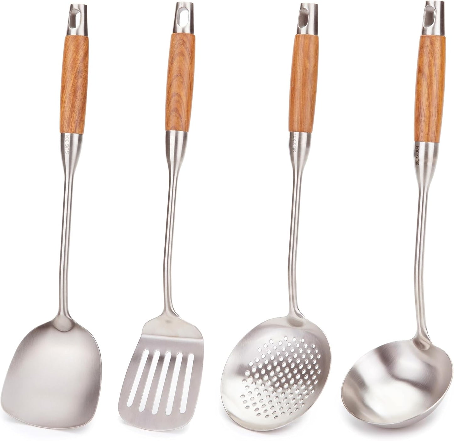 FJNATINH Wok Utensils - Wok Spatula Metal Set, 4-Pieces 14-15 Inch Extra Long, Wok Tools Professional Set, Wooden Handle Skimmer, Soup Ladle, Slotted Turner