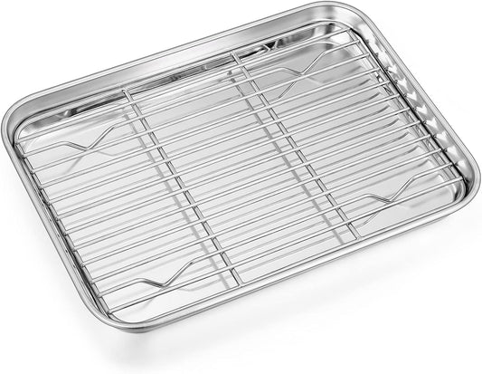 P&P CHEF 9 Inch Baking Sheet Pan with Rack Set, Stainless Steel Cookie Sheet Pan Tray with Cooling Rack for Oven Use, Cooking Roasting, Non Toxic & Dishwasher Safe, Heavy Duty