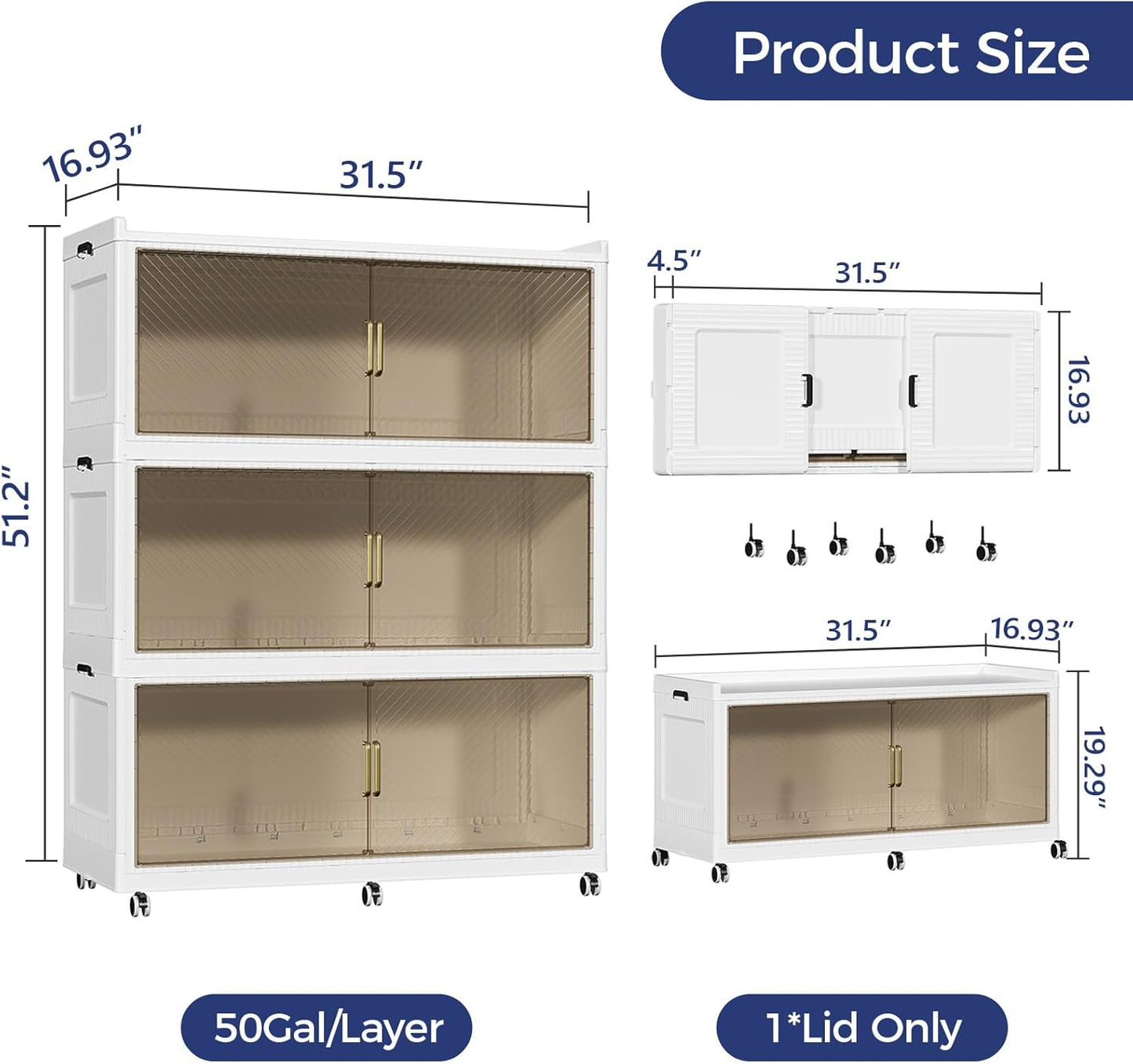 150GAL Extra Large Storage Bins with Lid, 600QT Plastic Stackable Storage Bins with 6x Wheels, Collapsible Closet Organizer and Storage Drawer Cabinet for Living Room Office Dorm, 3Pack White