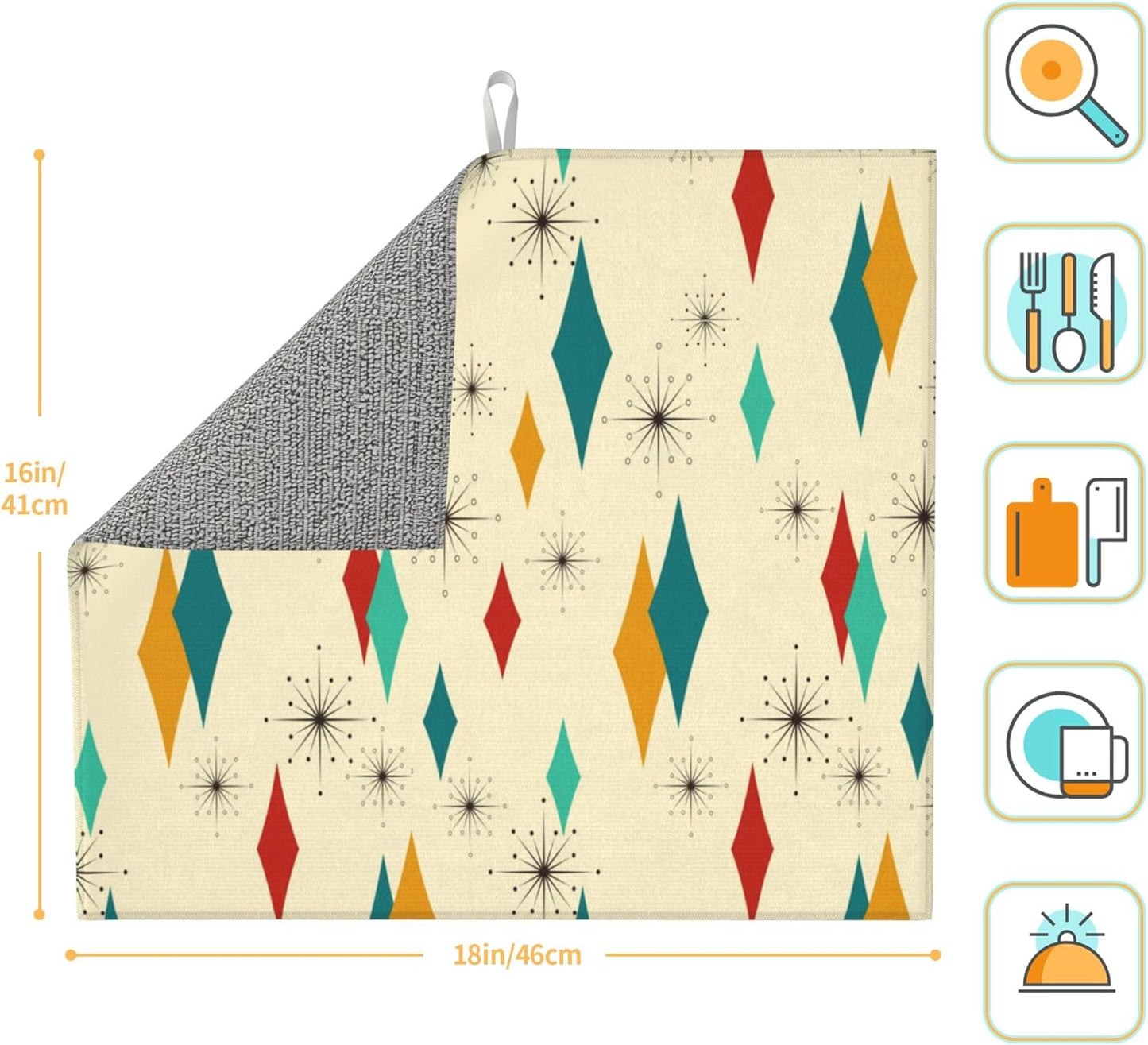 Mid Century Modern Dish Drying Mat for Kitchen Counter Atomic Retro Dish Drainer Rack Mats 16"x18" Absorbent Reversible Yellow Drying Pad