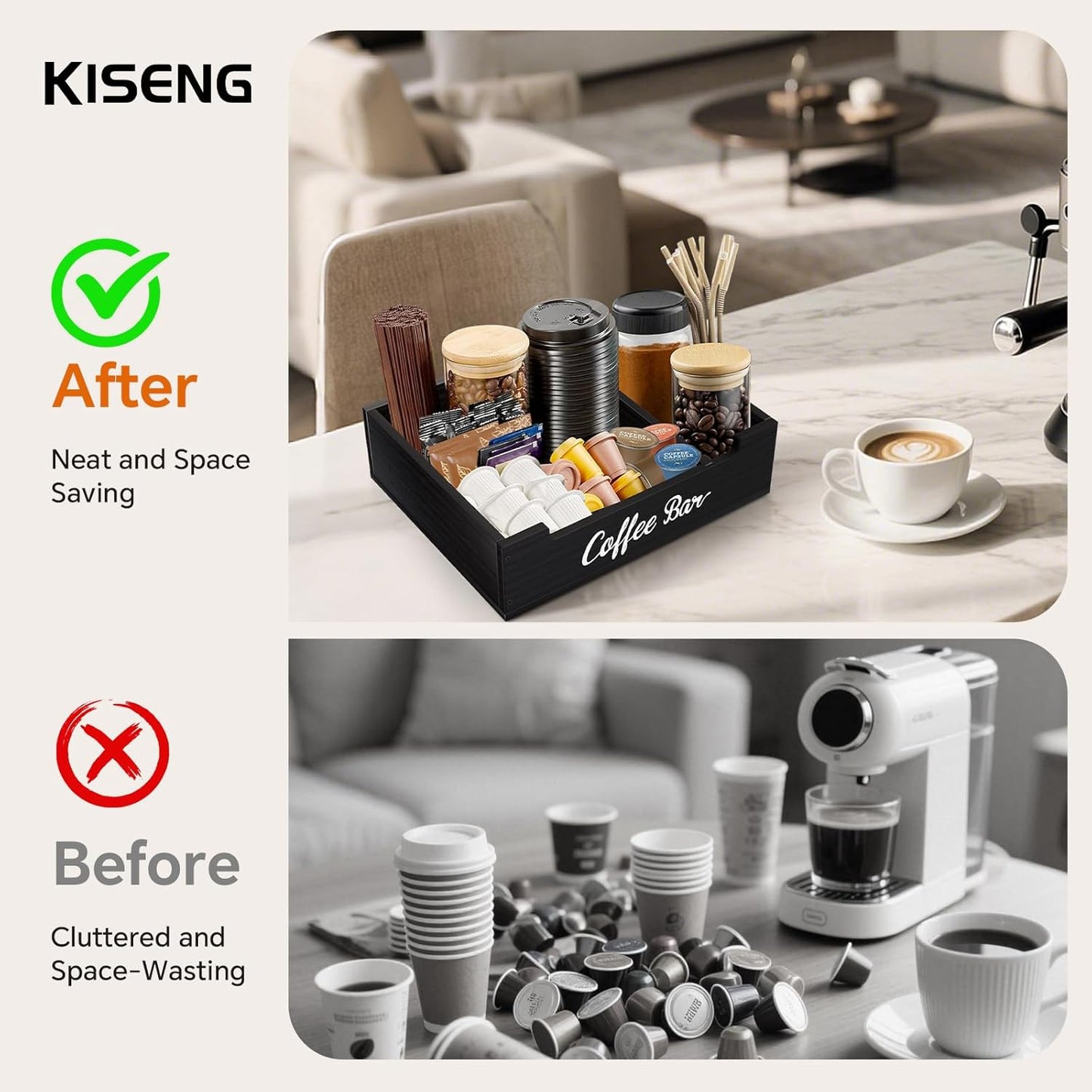 Coffee Pod Bar Station Wooden 14" X 10" X 4" Organizer Box for Countertop, Counter Top Tea Espresso Cup Wood Storage Box, Black