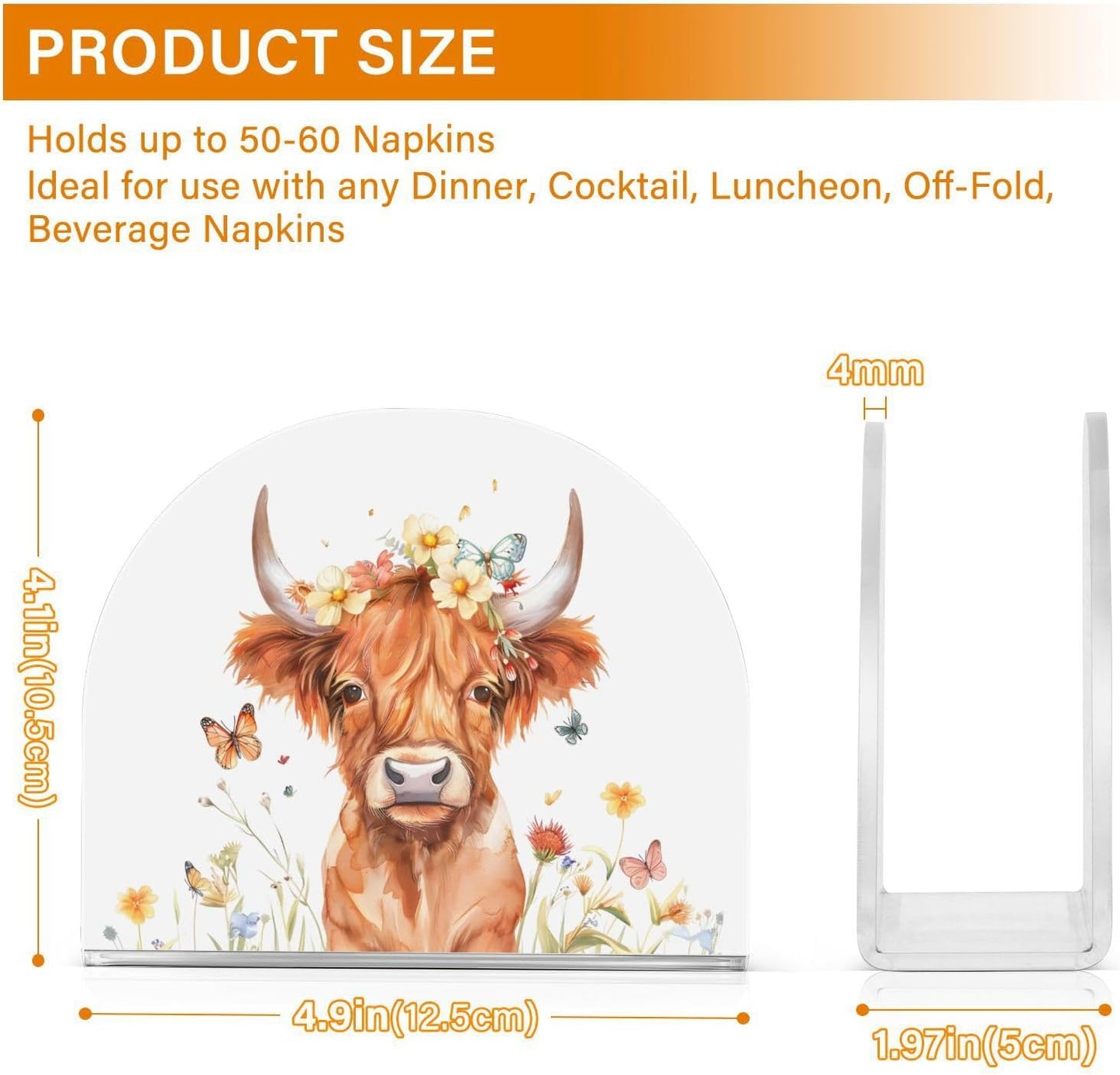 Highland Cow with Butterflies Napkin Holder for Table Paper Napkins Holder Acrylic Tissue Dispenser Kitchen Dining Room Bathroom Party Car Decor