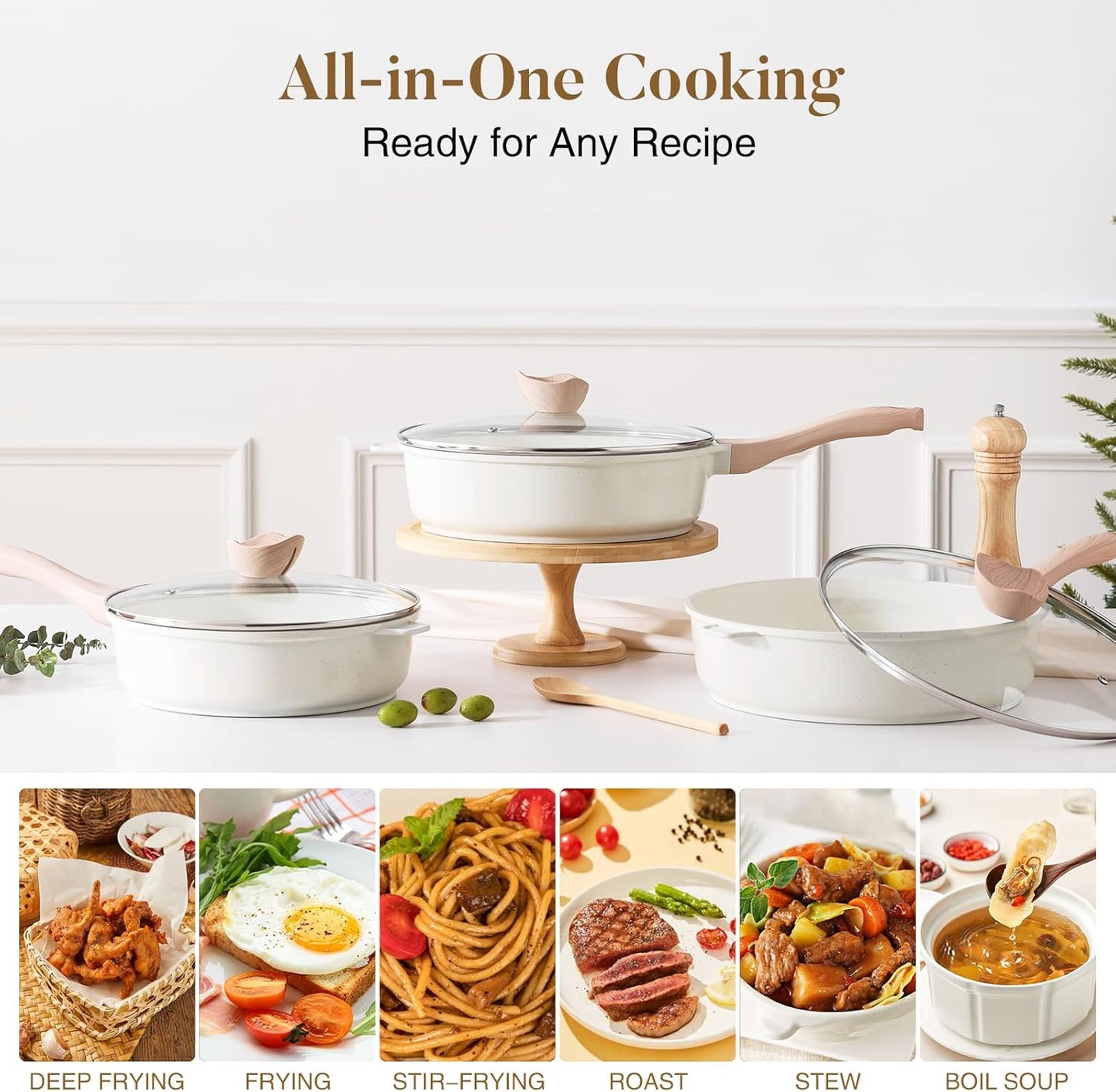 Nonstick Ceramic Deep Frying Pan, 12 Inch Non Toxic Large Skillet with Lid, 5 Qt Healthy Jumbo Cooker, Saute Pan for Cooking, Induction Cookware, PFOA & PFAS Free (Cream)