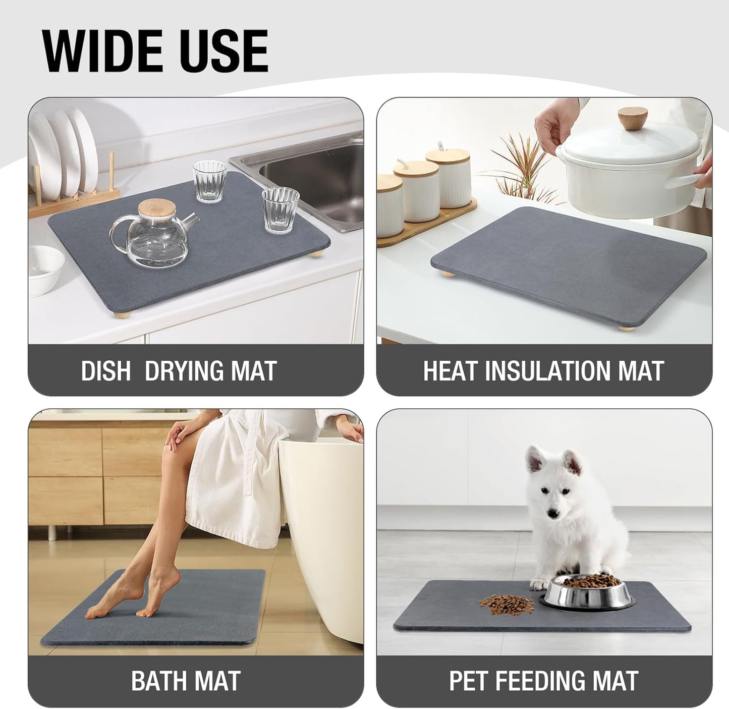 Large Stone Dish Drying Mat for Kitchen Counter, 18"×14" Quick Dry Super Absorbent Eco-Friendly Diatomaceous Earth Stone Mat with hemisphere wooden feet, Non-slip, Heat Resistant, Multi-purpose mats