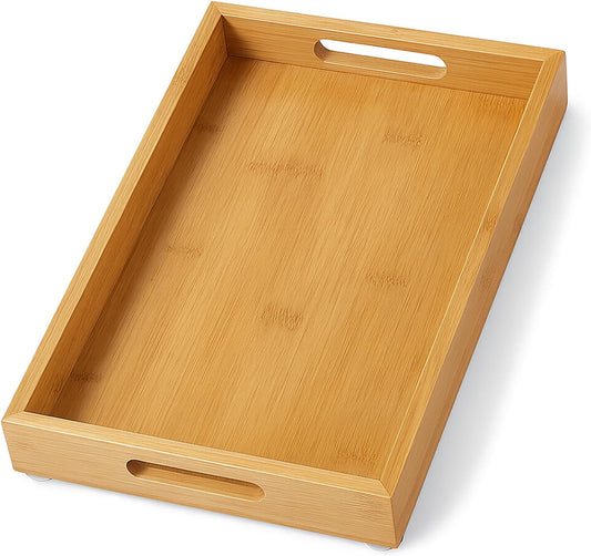 Tray for Oil Bottles Kitchen Counter – Bamboo Organizer with Handles, Waterproof Coating & Non-Slip Feet, 13×8 Inch Condiment Holder for Spices, Sauces & Seasoning Jars