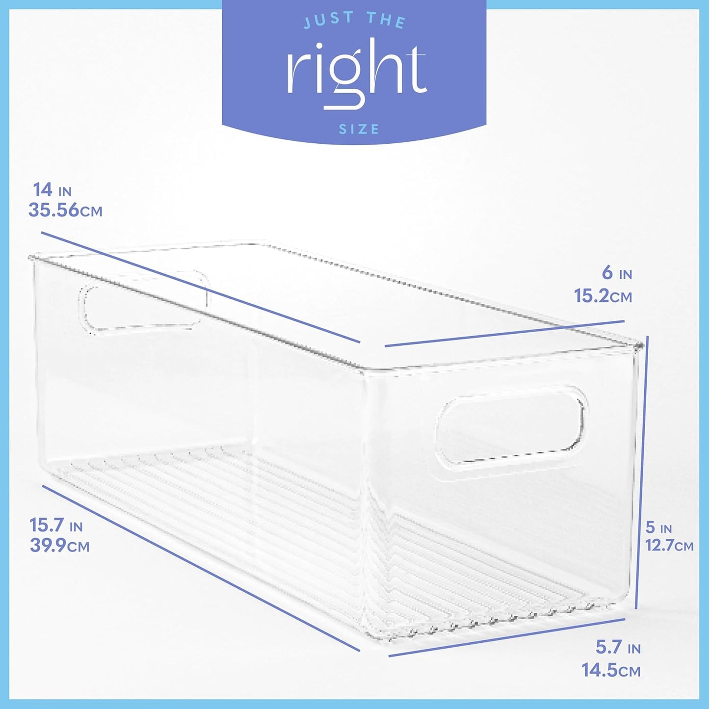 Plastic Food Storage Clear Container Bin with Handles for Organizing Kitchen, Pantry, Fridge, Freezer, Pantry, Bathroom. 14"x6"5"