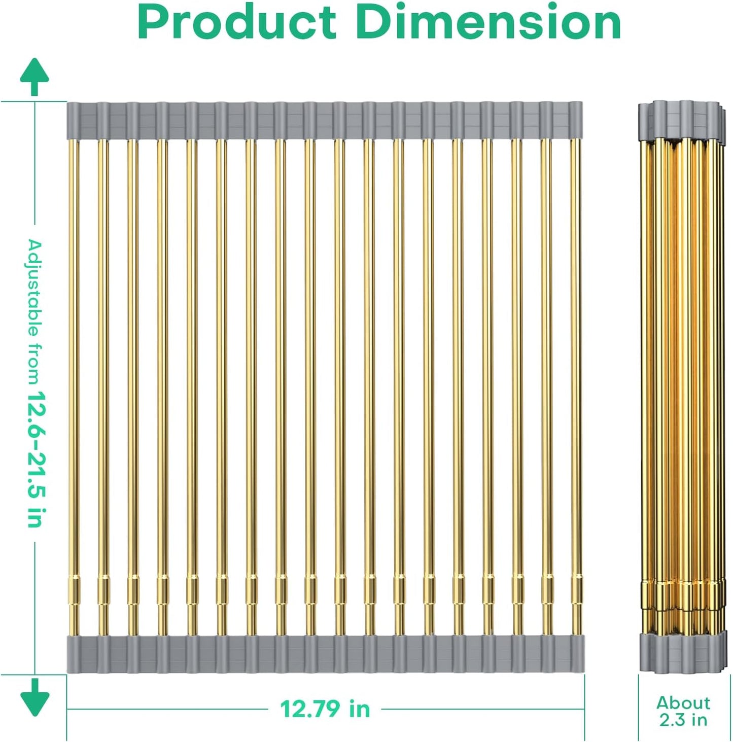 Large Expandable Roll Up Dish Drying Rack, Heat-Resistant Dish Drainer for Stainless Steel Sinks, Over The Sink Non-Slip Silicone Rollable Dish Drainer Roll Rack 18 Tube Gray Silicone & Gold Tube