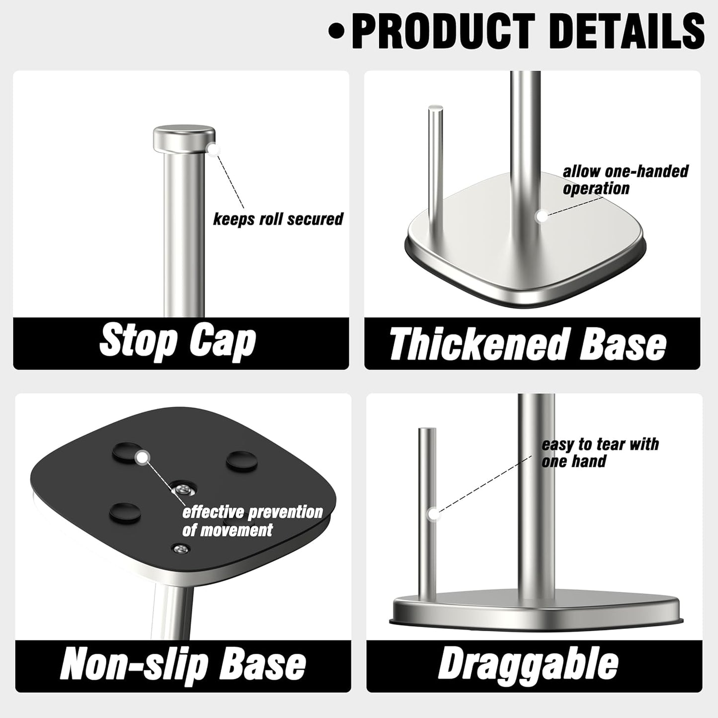 Paper Towel Holder Countertop, Standing Paper Towel Roll Holder for Kitchen Bathroom Organize, Stand with Weighted Base Suction Cups, Stainless Steel One-Handed Operation