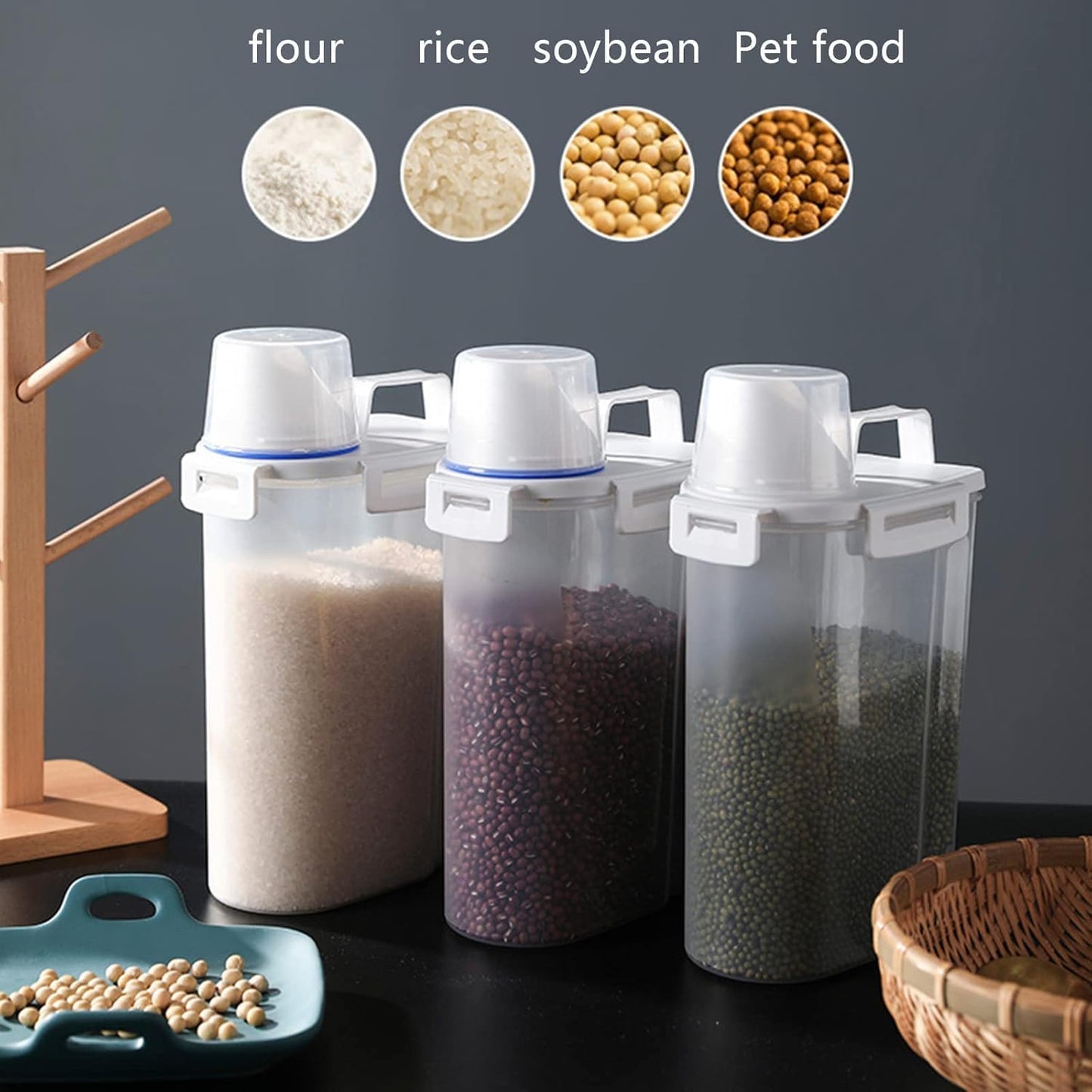 5.5 Lbs Rice Airtight Dry Food Storage Container Set of 4, Rice Storage Bin Cereal Containers Dispenser, Thicken Plastic Clear Food Storage Box with Pouring Spout, Measring Cup for Grain, Flour Snacks