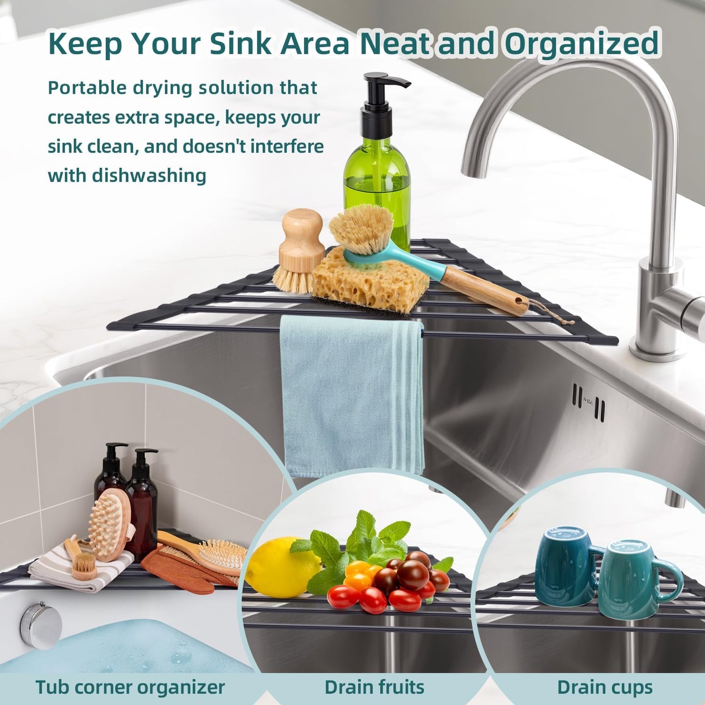 Corner Sink Caddy, Ohuhu Sponge Holder for Kitchen Sink Organizer Silicone Wrapped Steel Anti Slip Rust Triangle Over the Sink Dish Drying Rack for Sink Corner Multipurpose Drainer Trivet Space-Saving