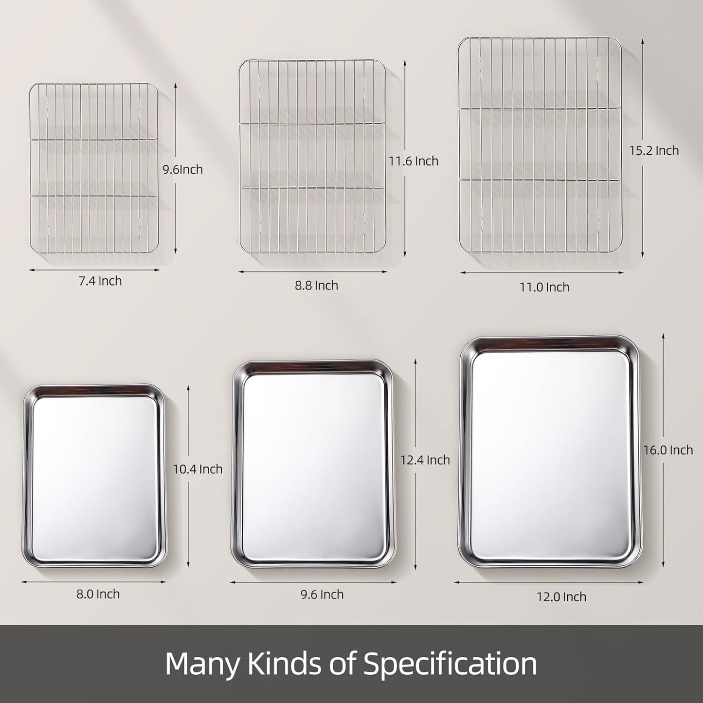 Baking Sheet with Cooling Rack Set of 6, 3 Premium Stainless Steel Cookie Sheets and 3 Wire Racks, Kitchen Nonstick Baking Pans Set Includes 3 Different Sizes, Heavy Duty Non Toxic