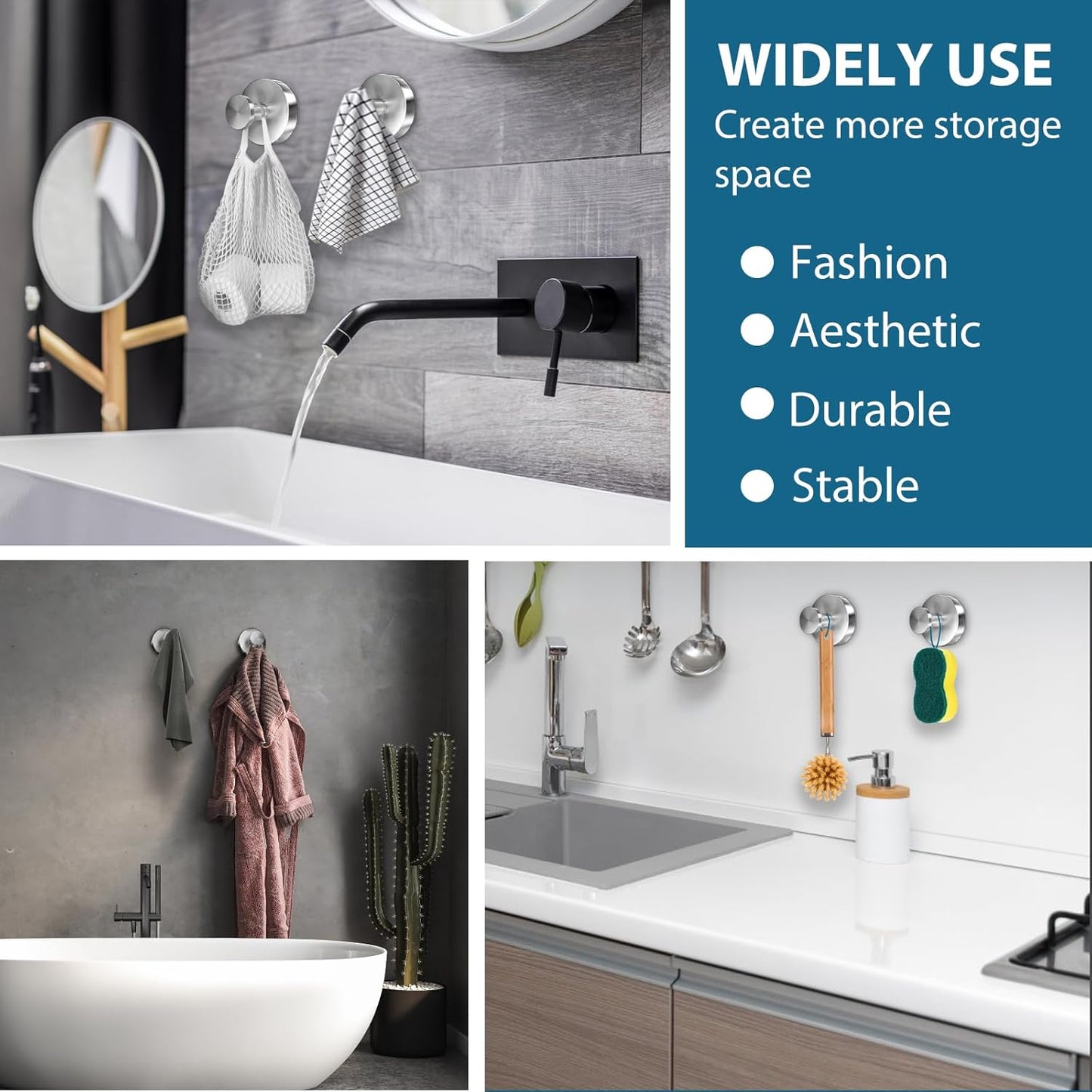 Suction Cup Hooks for Shower, 4 PCS No-Drill Towel Holder for Bathrooms Wall, Glass Door, Mirror, Tiles, Kitchen, Hold Robe & Wreath, Hanging up to 15 lbs – Waterproof & Rustproof, Loofah-Silver