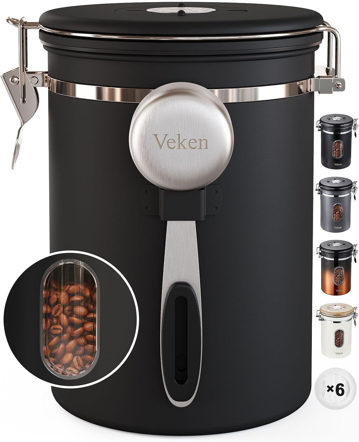 Veken Coffee Canister with Window, Airtight Stainless Steel Kitchen Food Storage Container with Date Tracker and Scoop for Grounds Coffee, Beans, Tea, Flour, Cereal, Sugar, 22&16OZ,Black