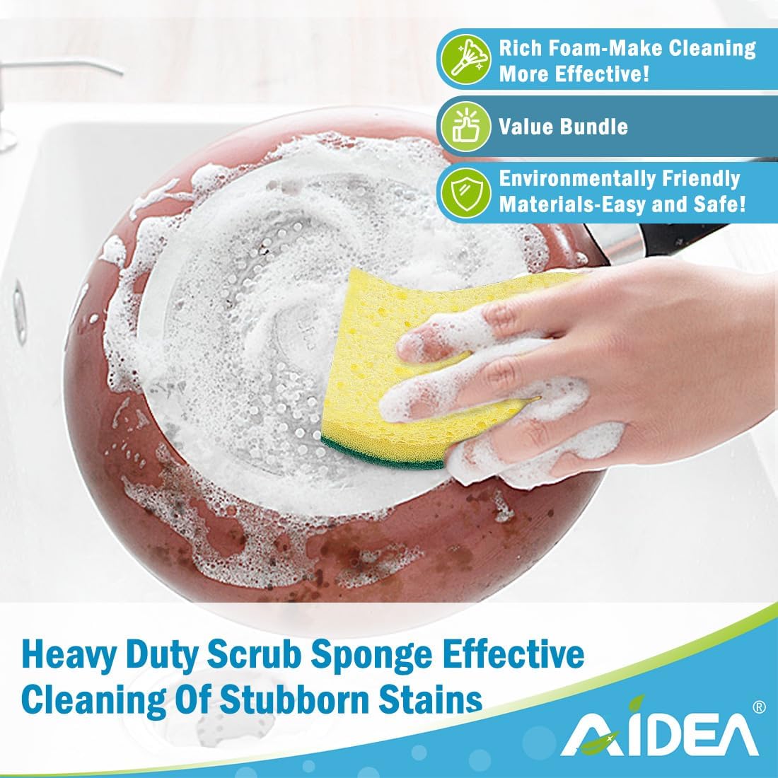 AIDEA Heavy-Duty Scrub Sponges, 6Count, Sponges for Non-Coated Cookware, Kitchen Sponge for Dishes, Scrubbing Power for Tough Messes, Cleaning Sponge for Kitchen, Bathroom, Household