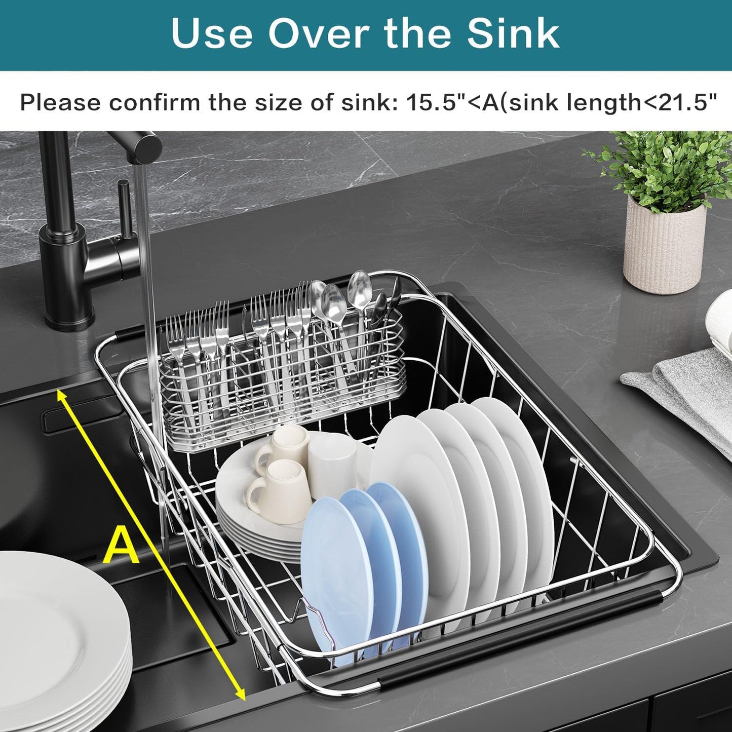 Large Dish Drying Rack in Sink Expandable, Adjustable 304 Stainless Steel Metal Dish Drainer Rack Organizer with Stainless Steel Utensil Holder Over Inside Sink Counter, Rustproof