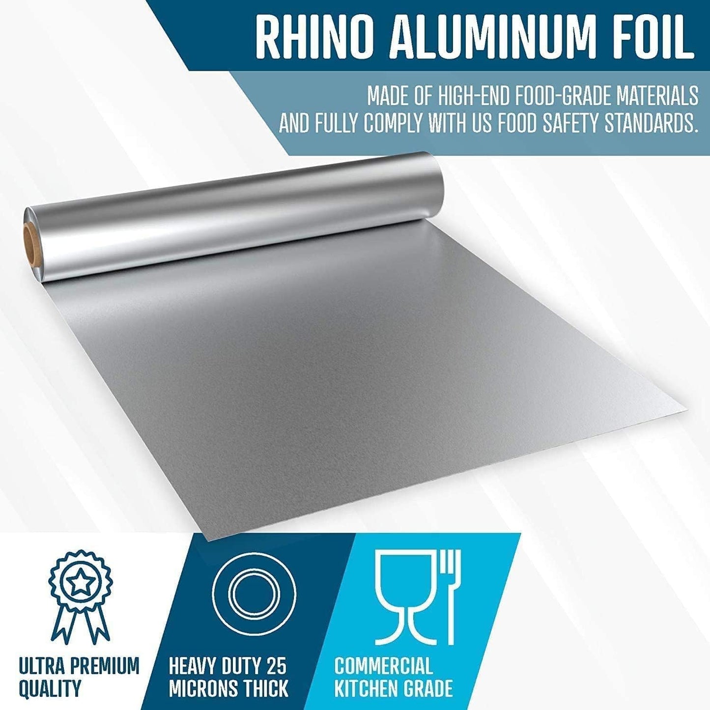 Rhino Aluminum Heavy Duty Aluminum Foil - 12 x 350 sf Long Roll, 25 Microns Thick Foil Heavy Duty Commercial Grade & Extra Thick, Strong Enough for Food Service Industry (Pack of 2)